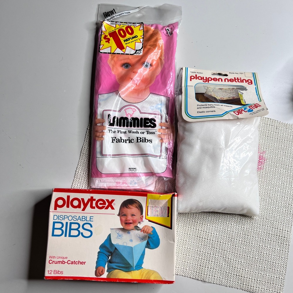 Vintage 1987 Playtex Disposable Bibs Lammies‎ Fabric Bibs & Playpen Netting Set